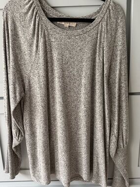 LOFT Gray Speckled Gathered-Neck Long Sleeve Top